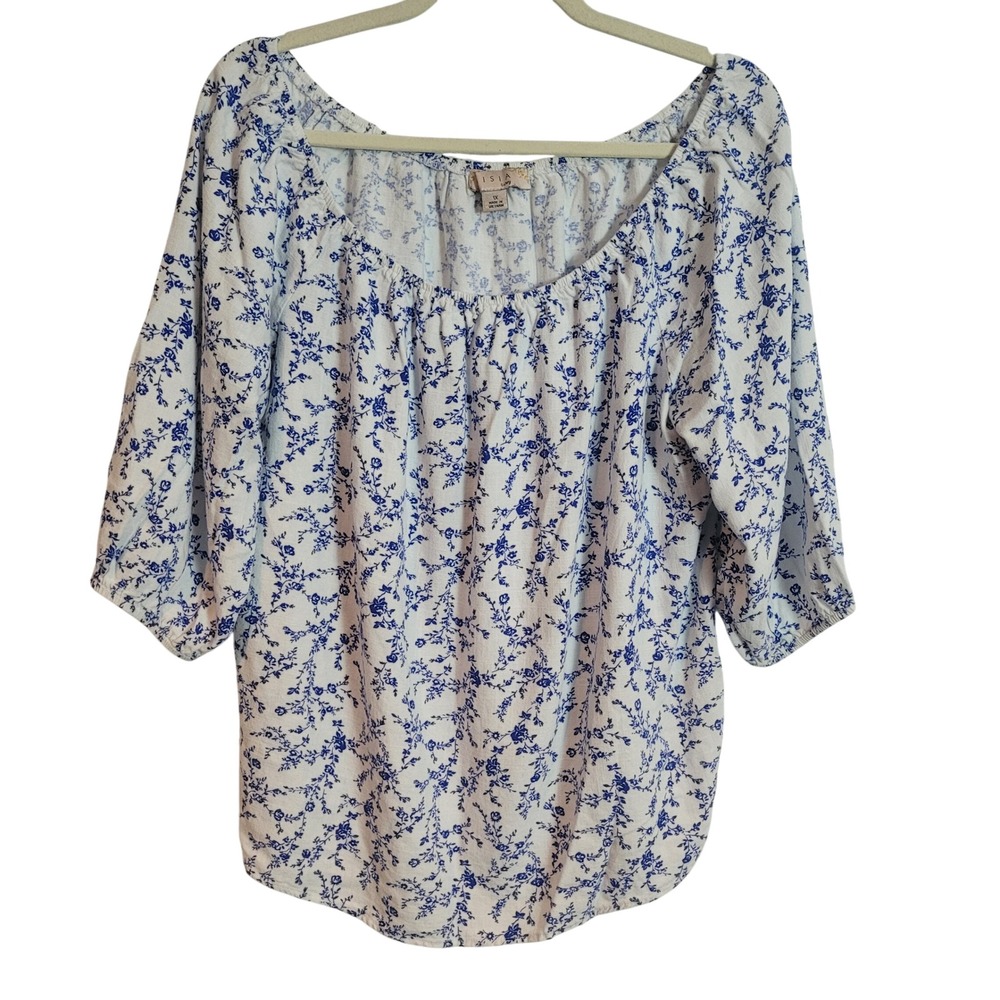 Misia Curvy Womens 1X Floral Linen Blend Peasant Blouse White Blue Spring Boho‎